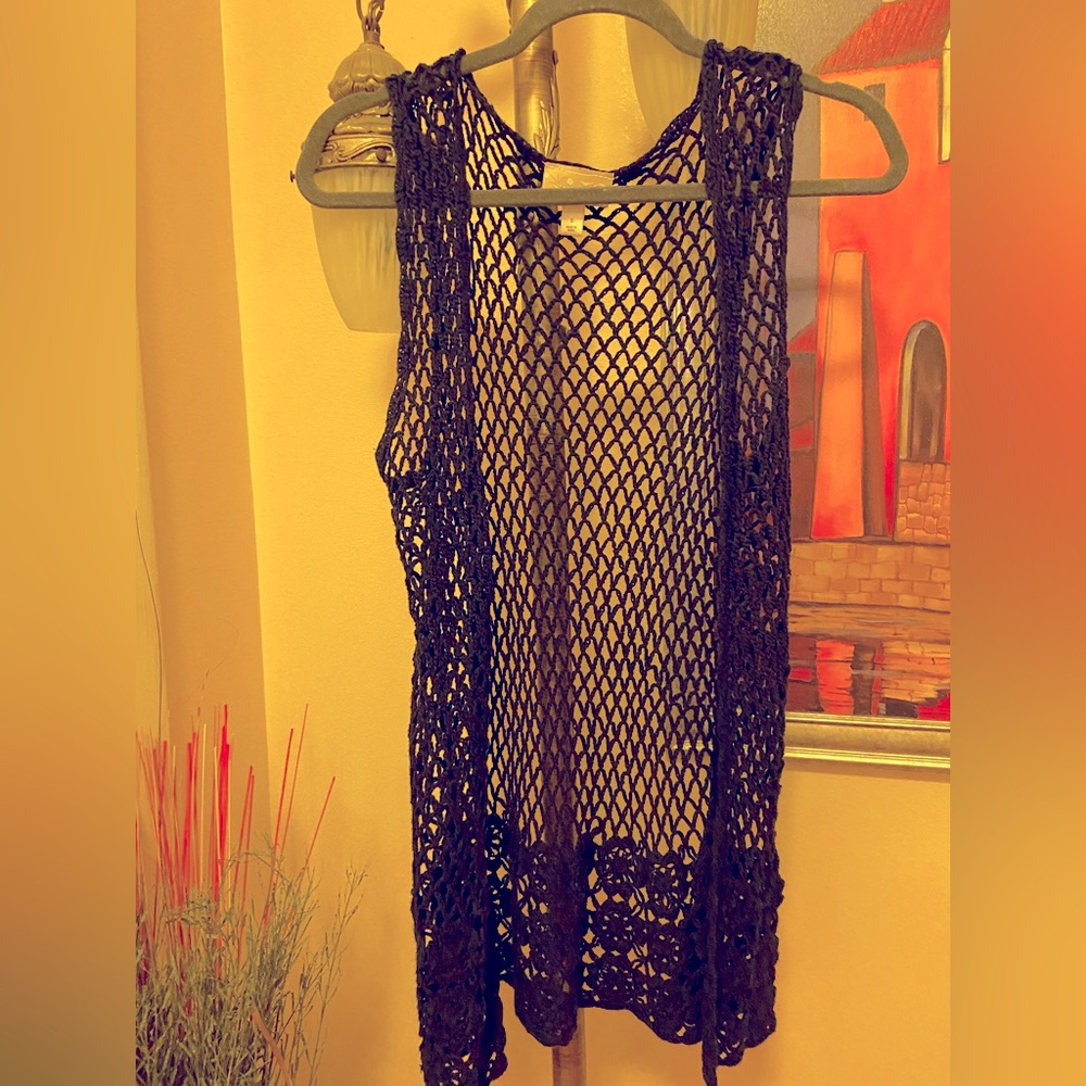 Navy blue dress barn crocheted cotton cardigan or vest.